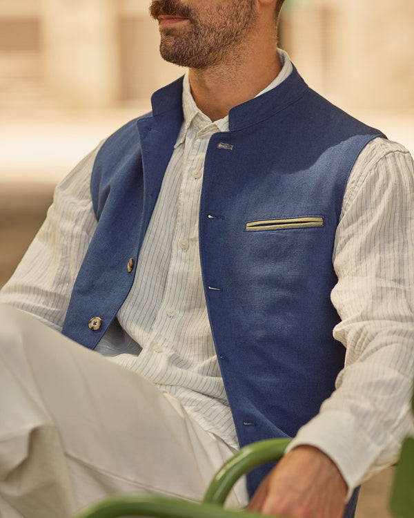 Gilet Lin Coton Bleu Foncé